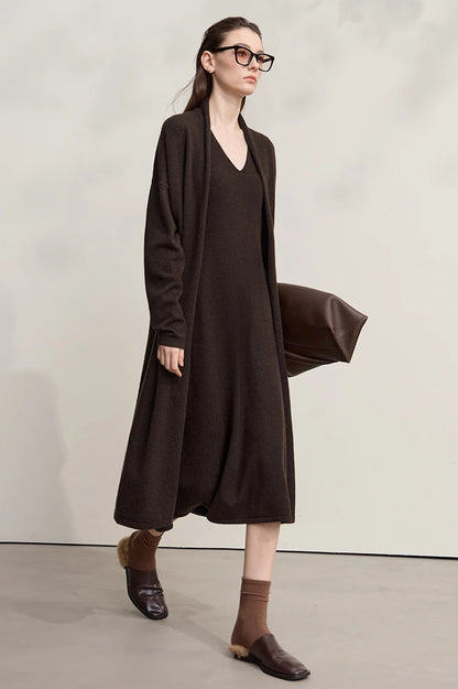 Damen V-Ausschnitt Strickkleid A-Linie ärmellos Herbst-Winter