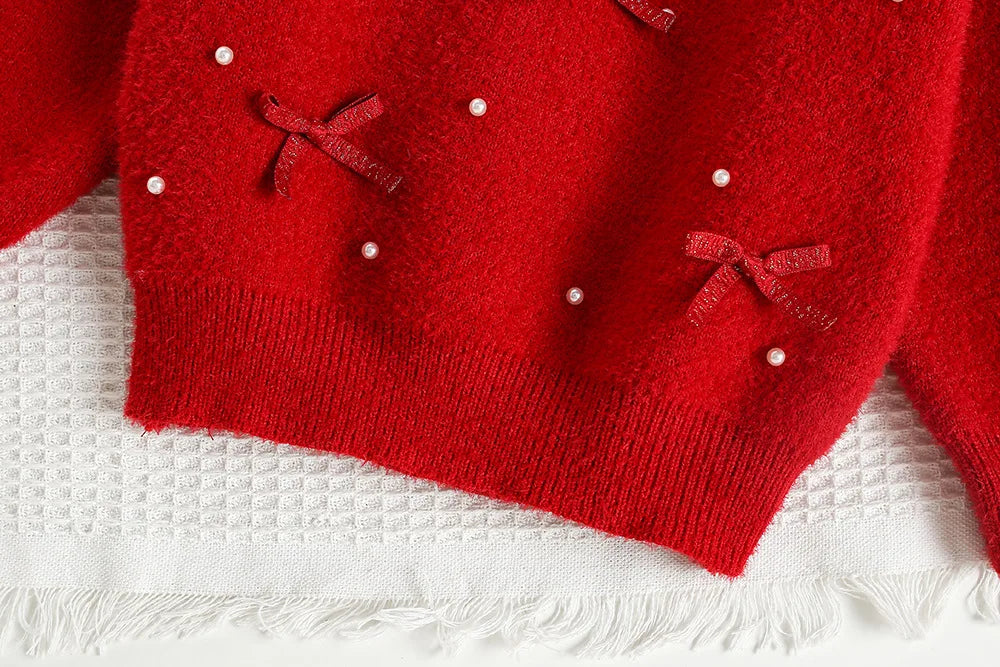 Mädchen Pullover mit niedlichem Bogen und Perlen für die Herbstsaison