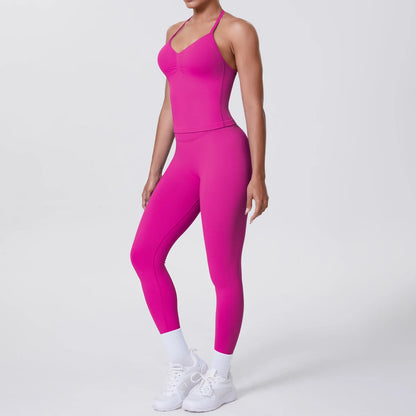 Damen Yoga-Set mit ärmelloser Weste und Leggings, fuchsia