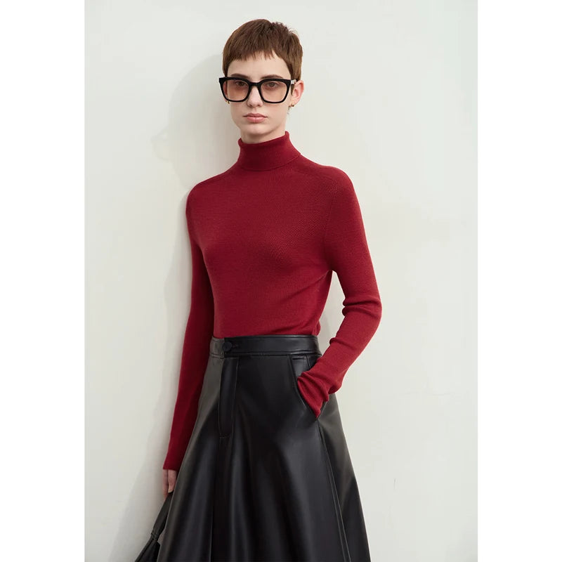 Damen-Rollkragenpullover 100 % Wolle Kammgarn schlank Winter