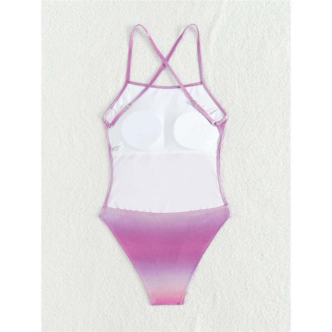 Damen Badeanzug PU-Kunstleder Kreuzrücken hoher Beinausschnitt rückenfrei Monokini