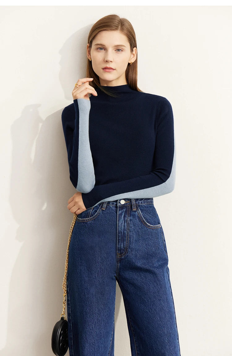 Damen-Halbrollkragen-Pullover Slim Patchwork Wolle-Mix Herbst-Winter