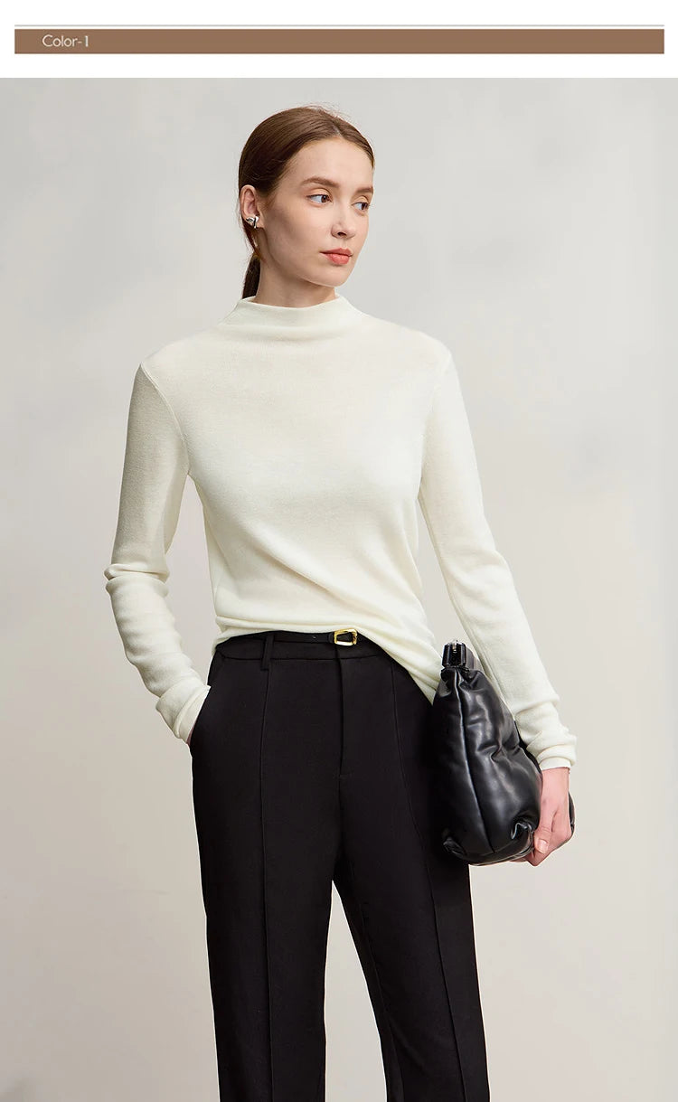 Amii-Pullover in Cremefarben mit Halb-Rollkragen, langärmlig, asymmetrischer Saum