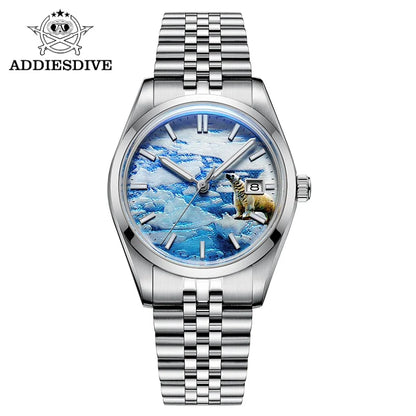 Herren-Automatikuhr mit 3D-Gletscher-Zifferblatt und Bubble-Glas
