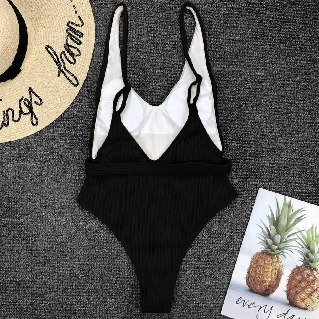 Damen-Badeanzug gerippt High-Cut Gürtel Monokini 6 Farben