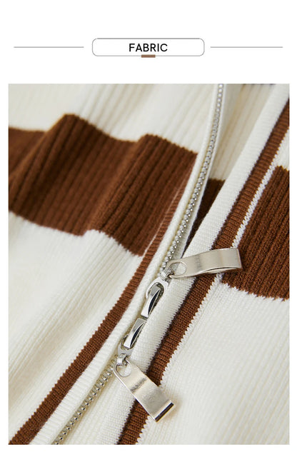 Damen-Strickjacke Kaschmir-Wolle Slim Streifen Reißverschluss Herbst
