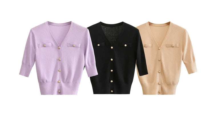 Damen-Strickjacke Baumwolle Slim Halbarm V-Ausschnitt Büro Frühling
