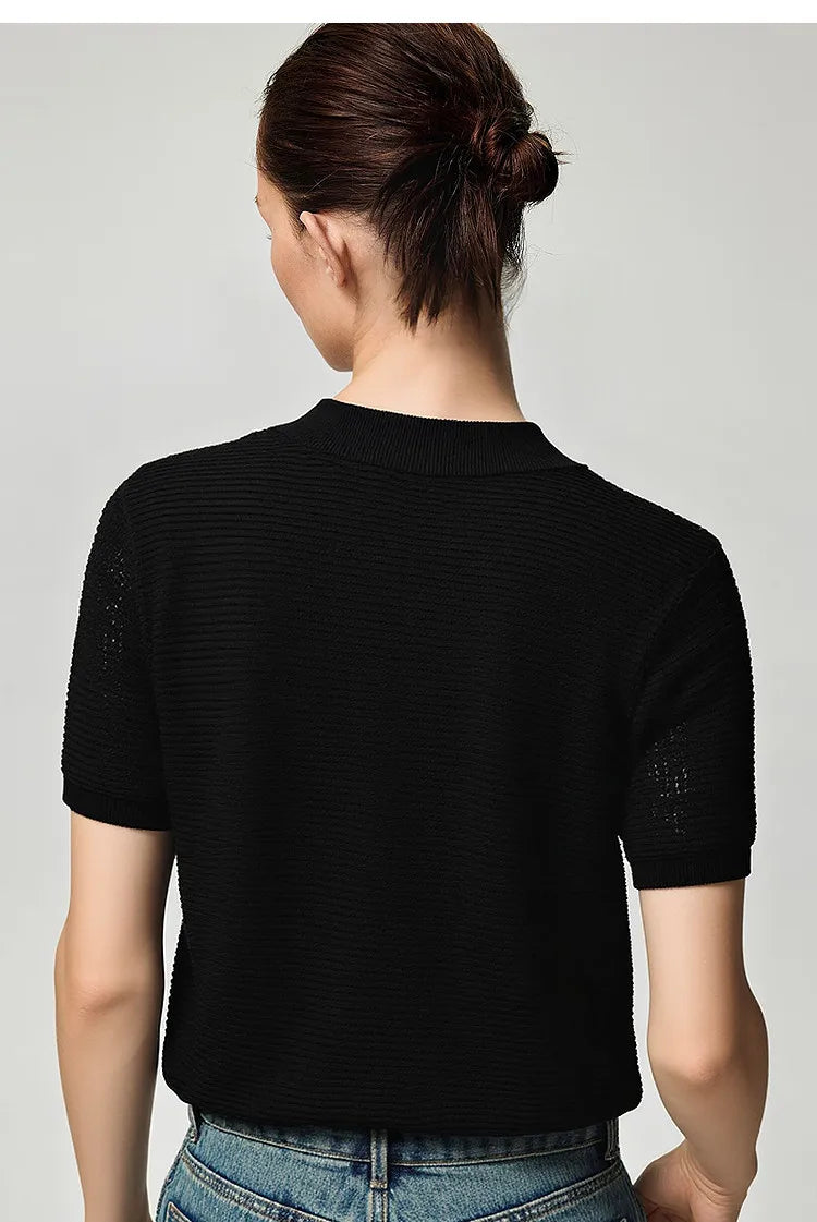 Strickpullover mit Polokragen, Rückansicht, kurze Ärmel, schwarz