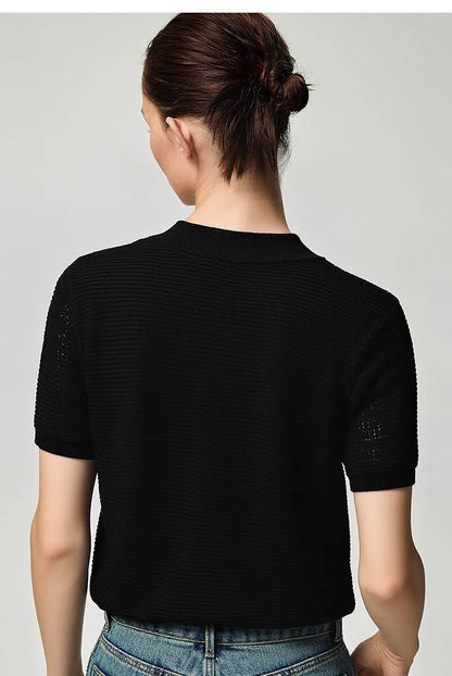 Strickpullover mit Polokragen, Rückansicht, kurze Ärmel, schwarz