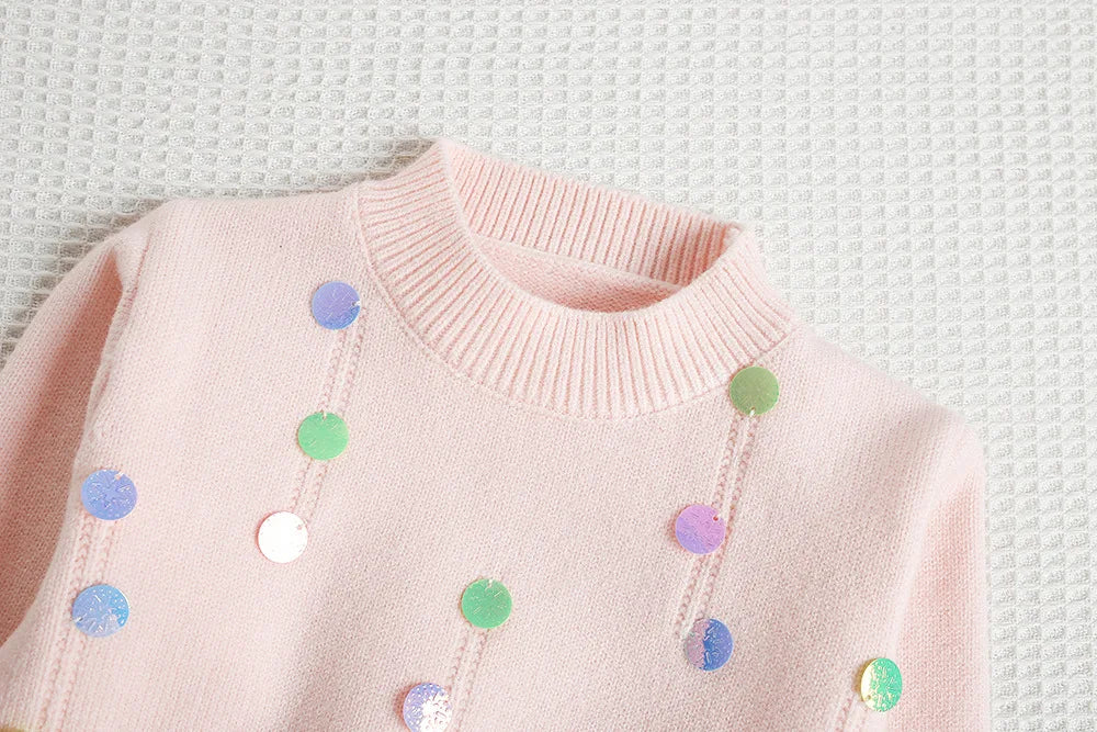 Mädchen Pullover Set mit bunten Pailletten und Tutu Röcken in Pink und Weiß