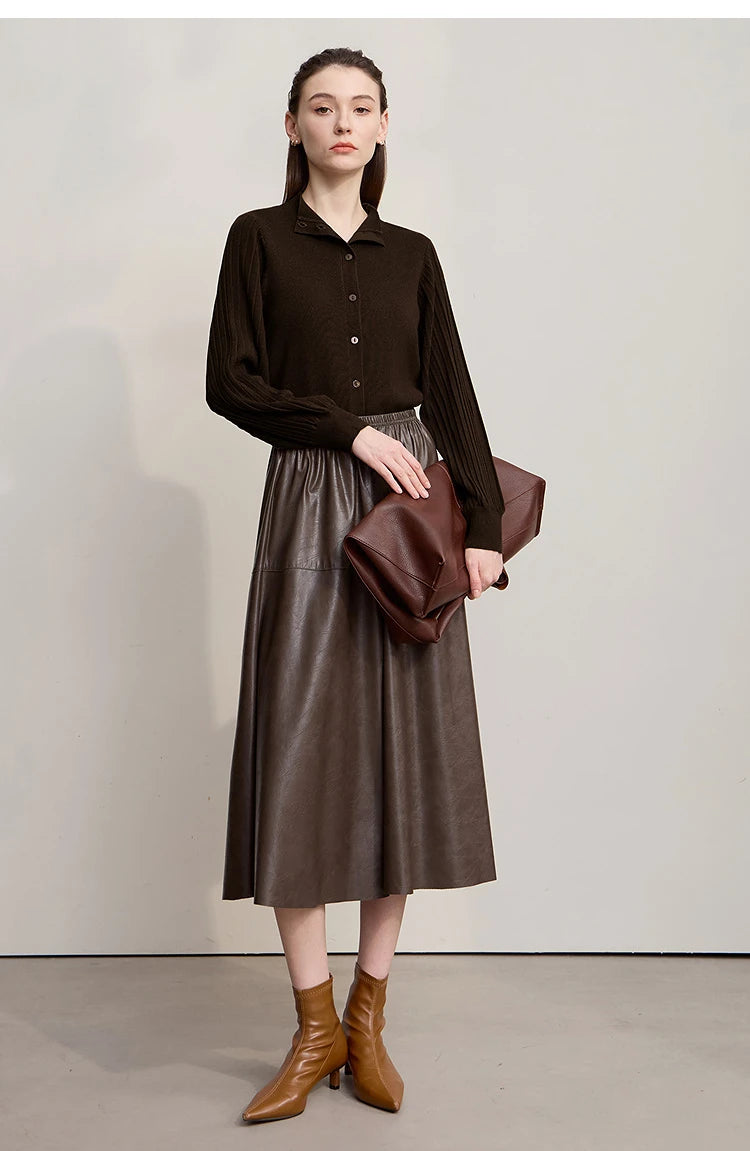 Damen-Strickjacke Slim halbhoher Kragen Laternenärmel Wolle-Mix Herbst