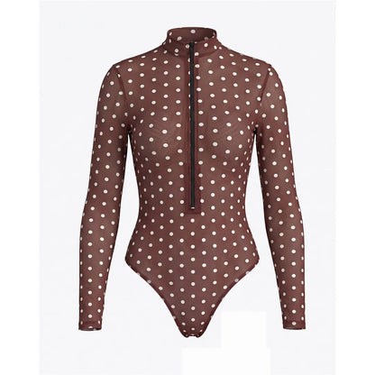 Damen Badeanzug Polka Dot Langarm Reißverschluss mit Hose gepolstert