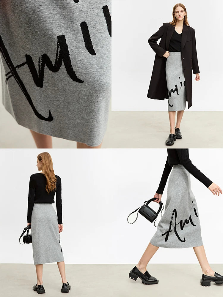 Damen-Wollrock, grauer Midirock mit Vordetail und blauem handschriftlichem Muster
