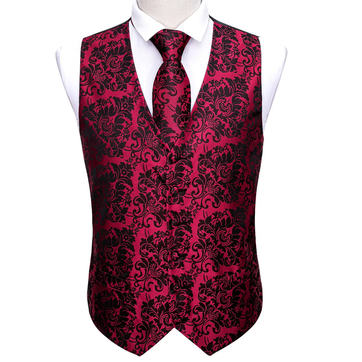 Bordeauxrote Herrenweste mit Paisley-Barockmuster, V-Ausschnitt und Knopfleiste