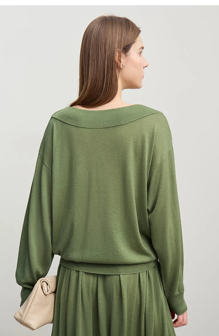 Grüner off-shoulder Strickpullover mit langen Ärmeln, lockere Passform, geraffte Taille