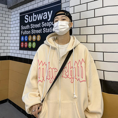 Herren Hoodie mit Gothic Letter Foam Print und Reißverschluss für Streetwear