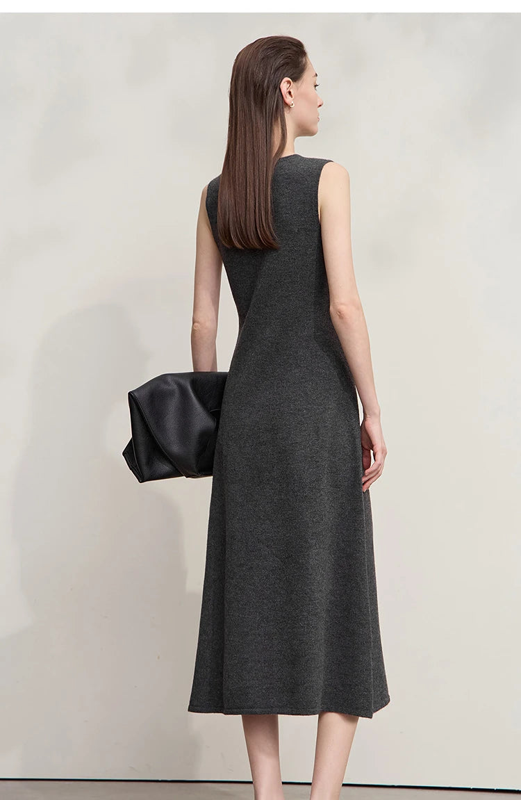 Damen V-Ausschnitt Strickkleid A-Linie ärmellos Herbst-Winter