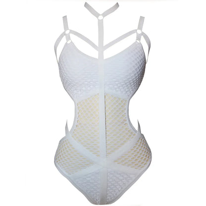 Damen Badeanzug Fischnetz Mesh schwarz Monokini Einteiler Strandmode