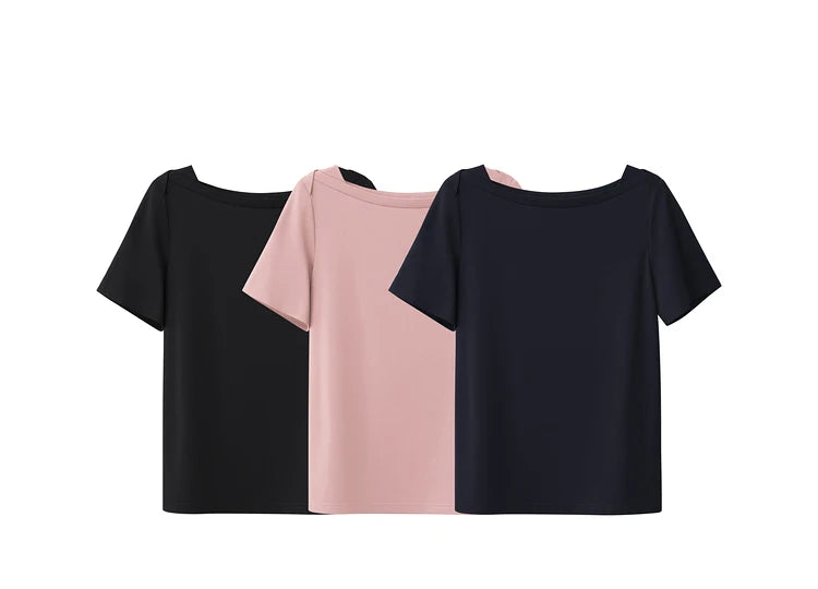 Damen T-Shirt im minimalistischen Stil mit One-Line Kragen und kurzen Ärmeln