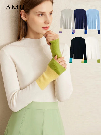 Damen-Halbrollkragen-Pullover Slim Farbkontrast Wolle-Mix Winter