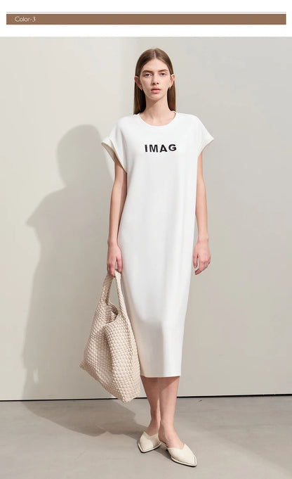 Damen Kleid für Sommer neue lässige O-Ausschnitt Kurzarm Midi gerade Perlen Stickerei Kleid Dame