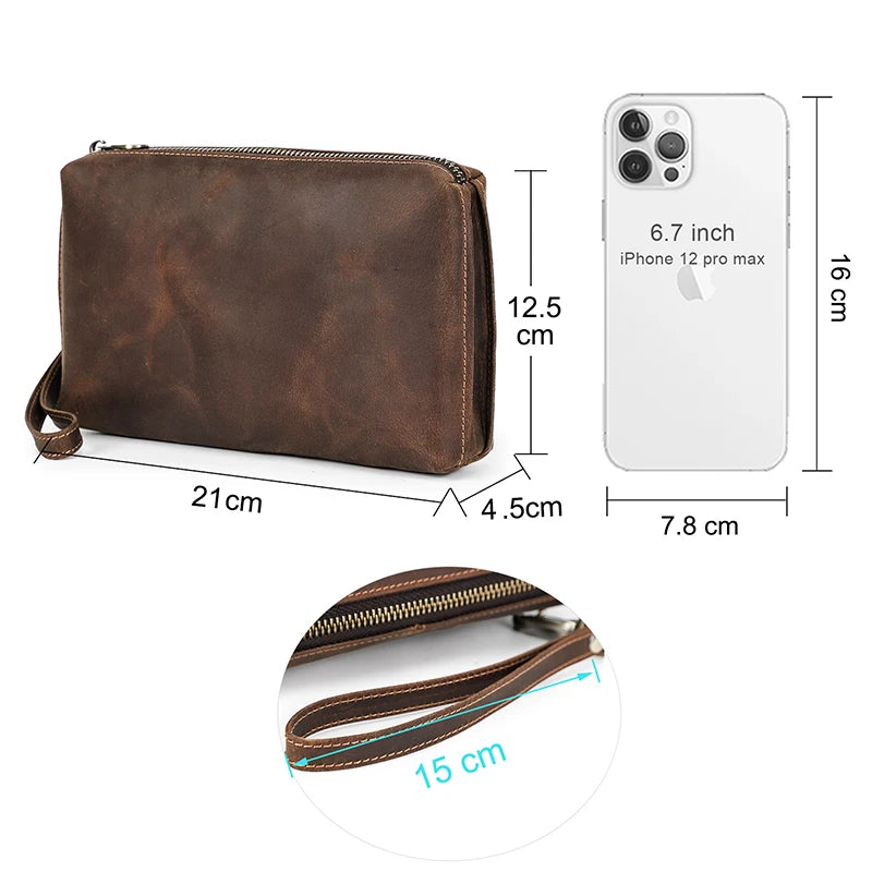 Braune Leder-Clutch mit Reißverschluss, für Smartphones, ca. 21×12,5×4,5 cm