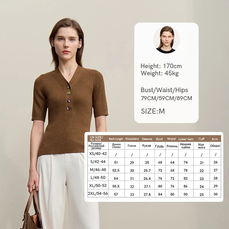 Damen V-Ausschnitt Pullover Wolle-Mix Halbarm Slim Frühling-Herbst