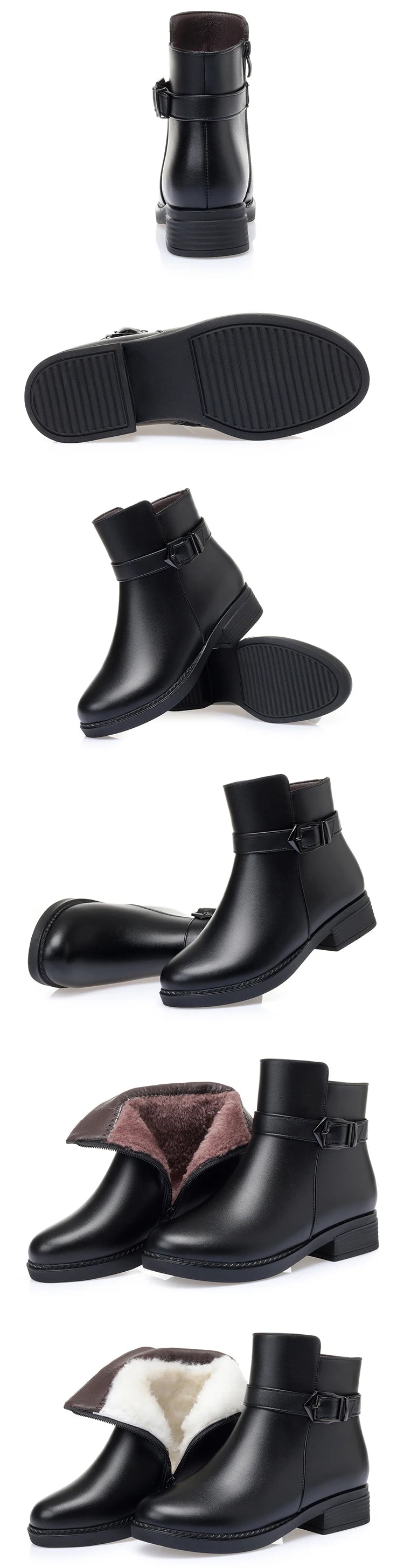 Schwarze kurze Stiefeletten mit Profilsohle, Fellfutter, Blockabsatz und Schnalle am Schaft