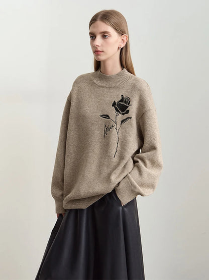 Damen-Pullover aus Strick, beige meliert, Rundhals mit schwarzer Rosenstickerei