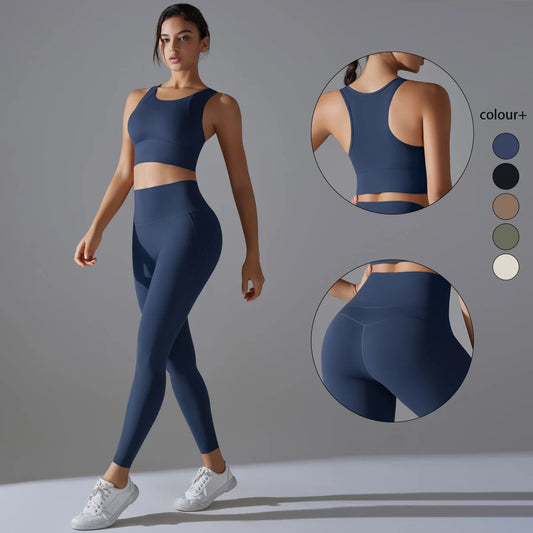 Damen-Yoga-Set in Dunkelblau: ärmelloses Crop-Top und Laufhose, figurbetont