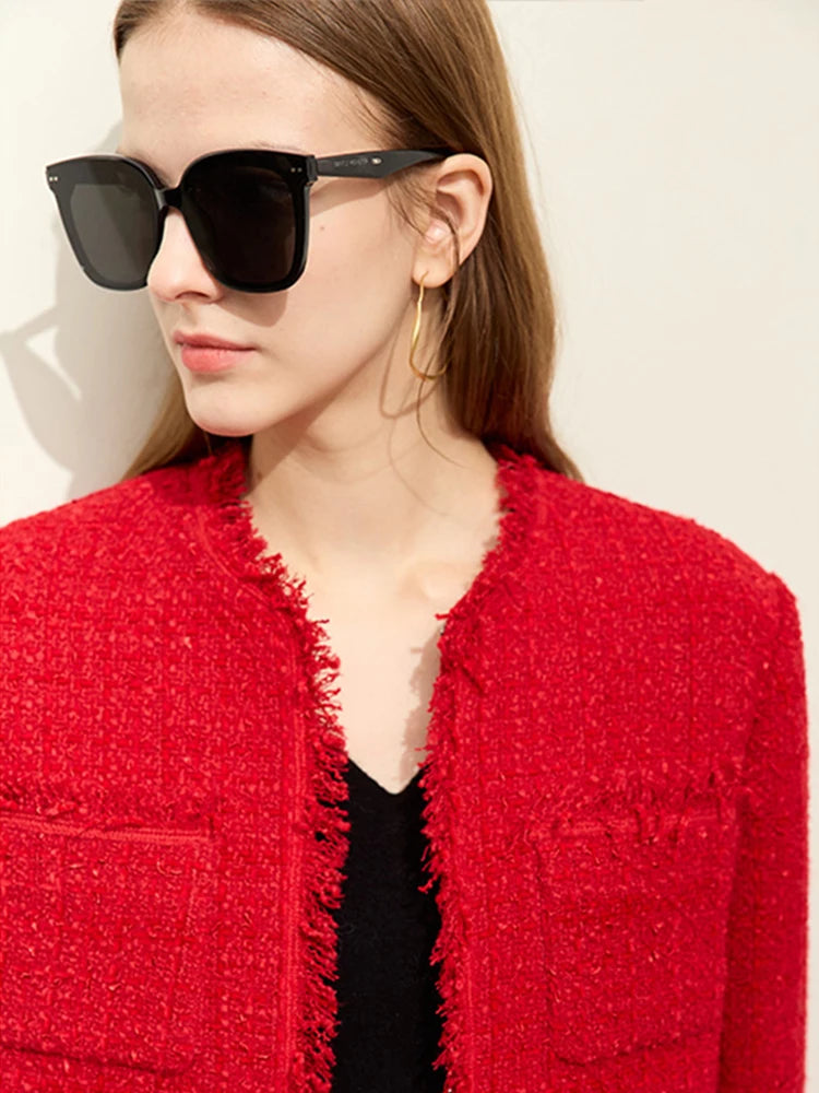 Damen Winter Mantel aus Tweed mit losem Schnitt und Rundhalsausschnitt