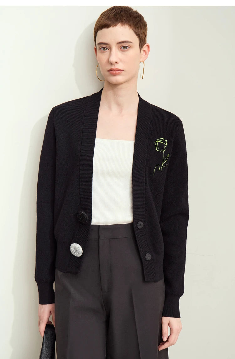 Damen-Strickjacke V-Ausschnitt Stickerei locker Langarm Herbst