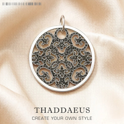 Damen-Charm-Anhänger Arabesque Disc Ornament Pavé Vintage aus Sterlingsilber