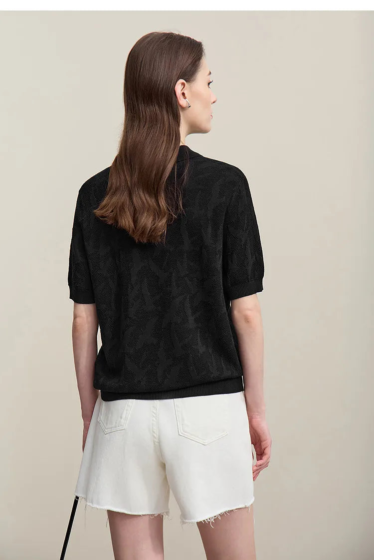 Damen-Strickpullover mit Reverskragen, Jacquardmuster, kurzärmelig, schwarz, Rückansicht