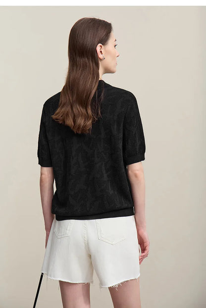 Damen-Strickpullover mit Reverskragen, Jacquardmuster, kurzärmelig, schwarz, Rückansicht