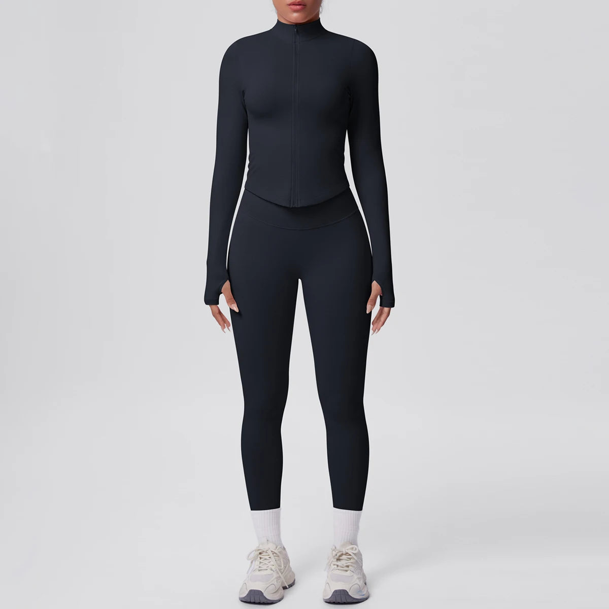 Schwarzes Yoga-Set mit hoher Taille: langärmliges Reißverschluss-Top und Leggings