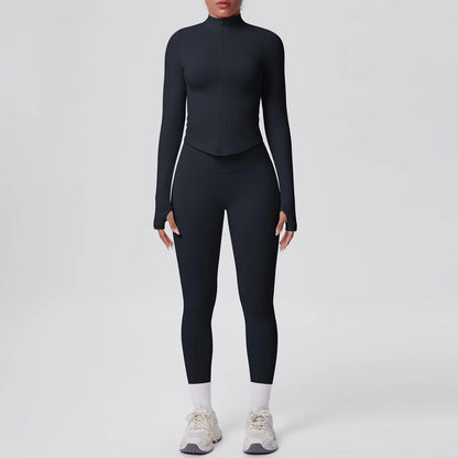Schwarzes Yoga-Set mit hoher Taille: langärmliges Reißverschluss-Top und Leggings