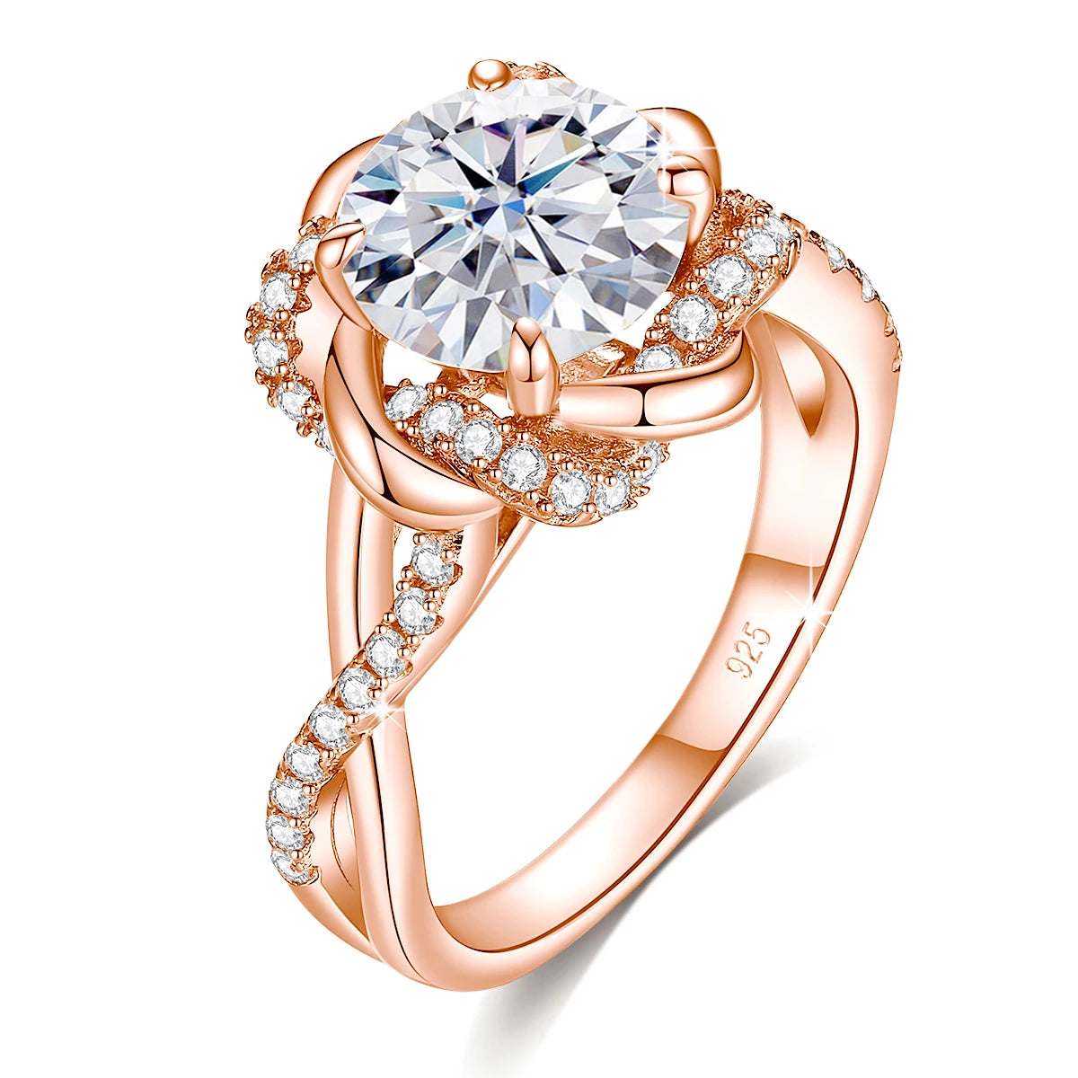 Damen-Ringe-Set aus 925 Sterling Silber mit Moissanit Steinchen und Blüten-Design für Verlobung und Hochzeit