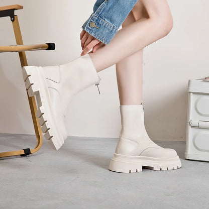 Damen Chelsea-Boots aus Leder, hellbeige, seitlicher Reißverschluss, dicker Plateauabsatz