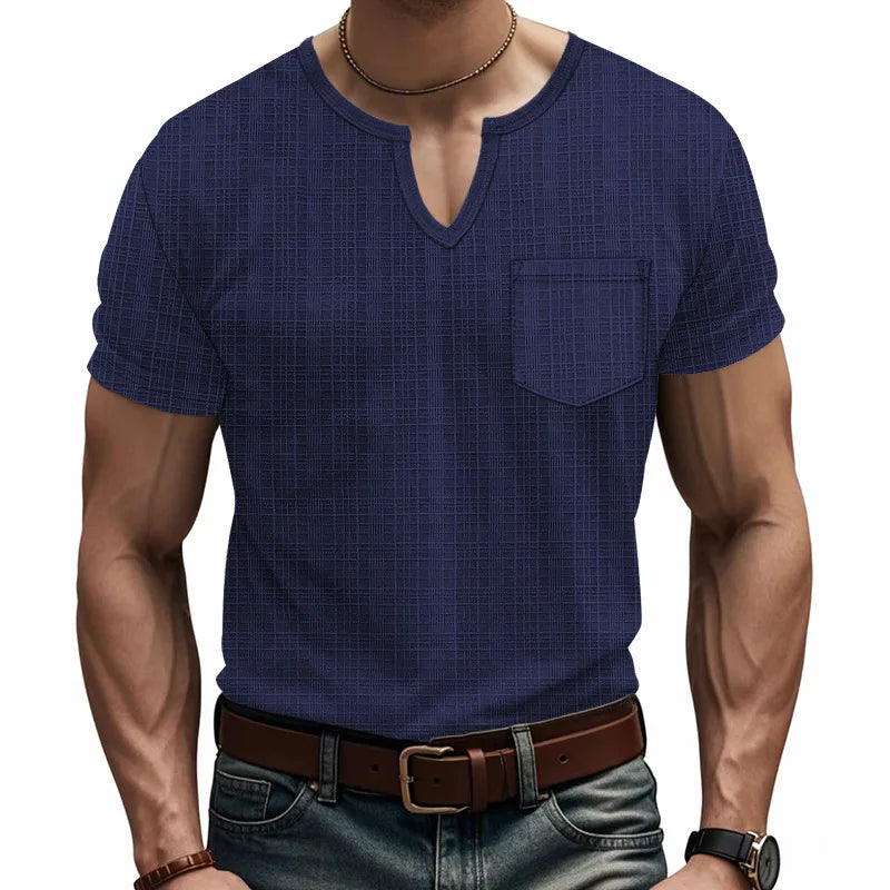 Herren-Casual-Poloshirt mit V-Ausschnitt, Brusttasche und Knopfleiste – vielseitiges, einfarbiges Business-T-Shirt