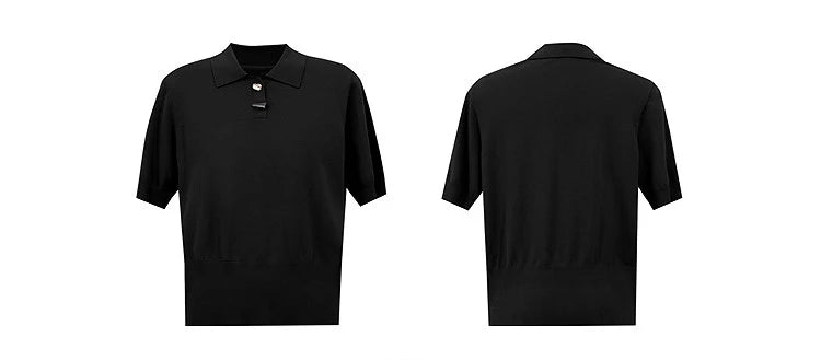 Damen-Strickpolo in Schwarz, Front- und Rückansicht, Polokragen mit Knopfleiste