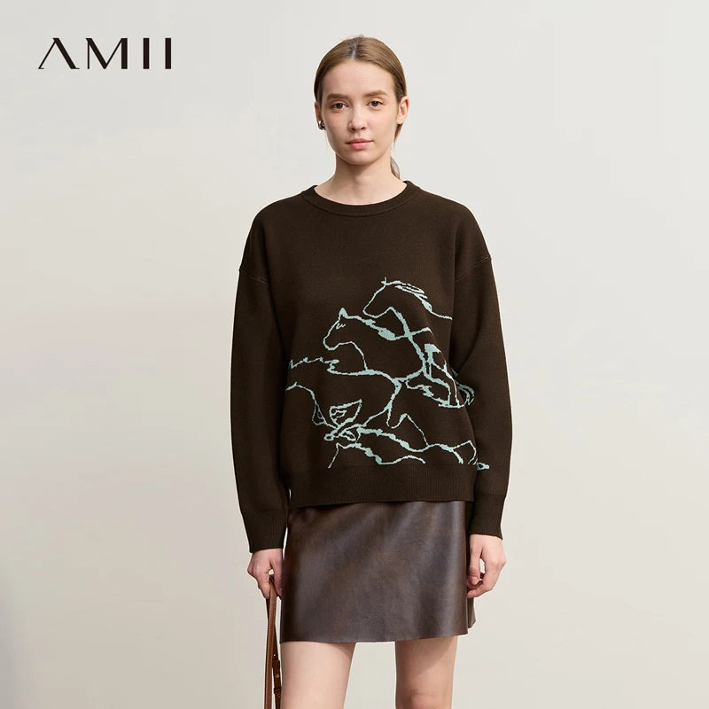 Damen-Rundhalspullover Tier-Jacquard locker Langarm Winter
