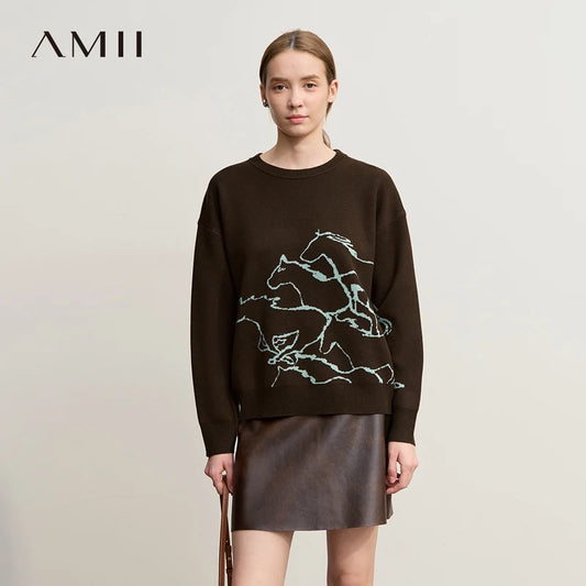 Damen-Rundhalspullover Tier-Jacquard locker Langarm Winter