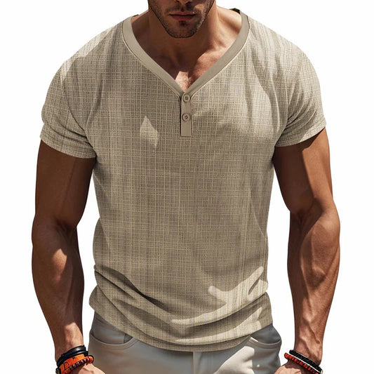 Lässiges Herren-T-Shirt aus Baumwoll-Leinen mit tiefem V-Ausschnitt und langen Ärmeln – ideal für Frühling und Sommer.