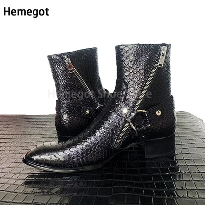 Schwarze Chelsea-Boots mit Schlangenprägung, seitlichem Reißverschluss und Schnallenriemen