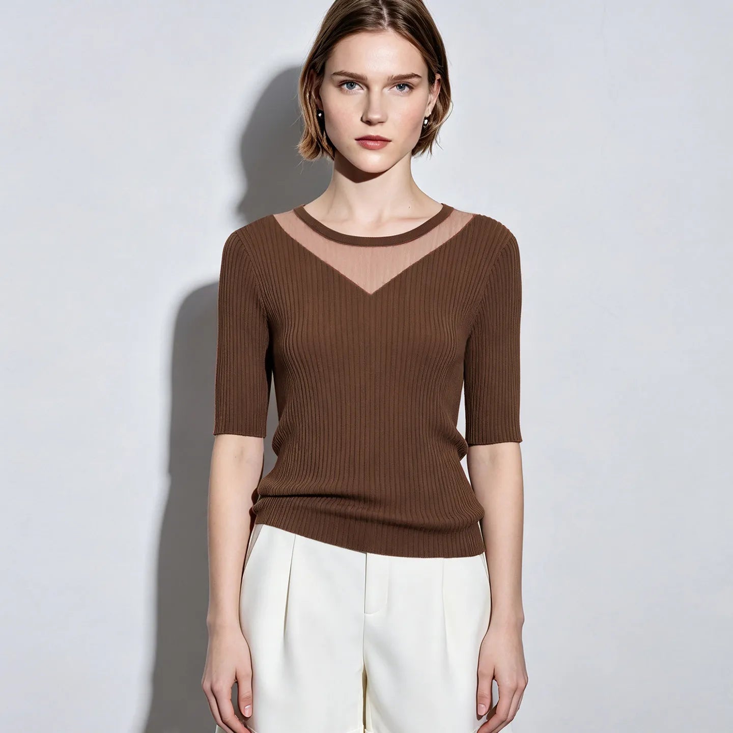Damen-Rundhalspullover Mesh-Panel Slim Kurzarm Viskose Sommer