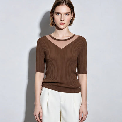 Damen-Rundhalspullover Mesh-Panel Slim Kurzarm Viskose Sommer