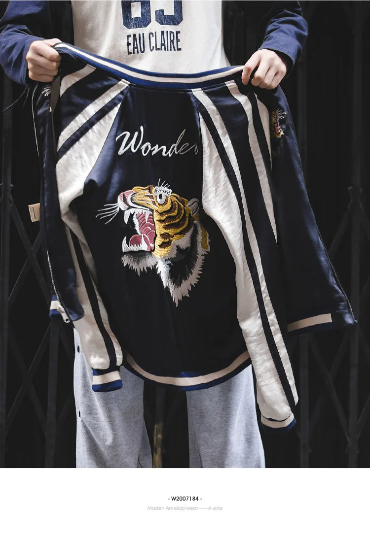 Herren Yokosuka Jacke Retro Reversible Tiger bestickte Patchwork-Outwear