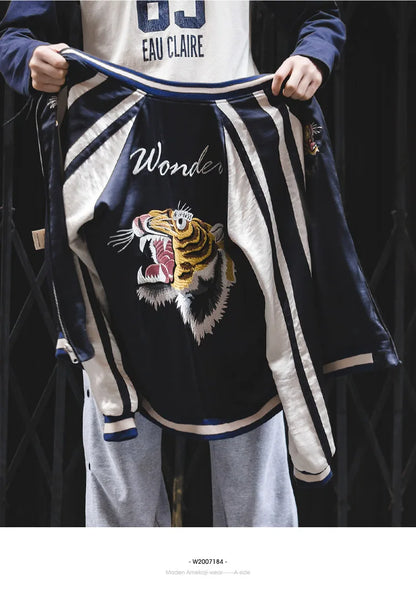 Herren Yokosuka Jacke Retro Reversible Tiger bestickte Patchwork-Outwear