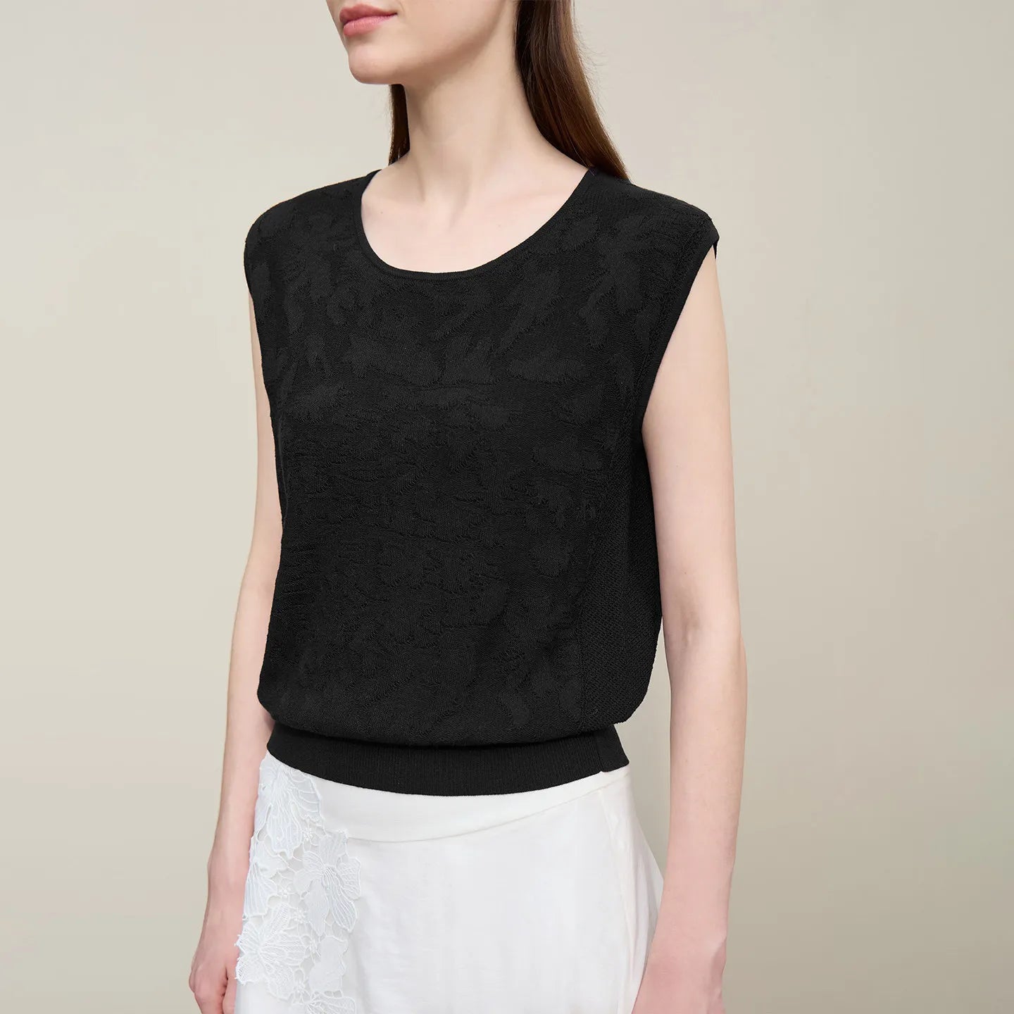 Damen-Rundhalspullover ärmellos Jacquard locker kurz Viskose Sommer